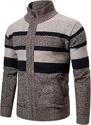 [Gsywaipei] Mens Collar Knitted Jacket Zip Up Long Sleeve Male Knit Sweater Coat Casual Stripe Slim Fit Knits Cardigan, Camel, L