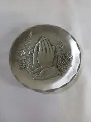 WENDELL AUGUST FORGE COASTER, PRAYING HANDS, ALUMINUM, NOS, ENGRAVED