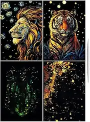 Hogvinnatil Scratch Paper Art, Scratch Art | Handmade Luminous Scratch Pads Set of 4, Graffiti Card Toy, Creative Painting Templates Craft, Landscape and Animal Art for Men Women