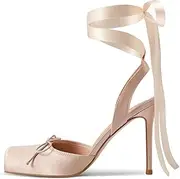 [Vertundy] Women's Satin Ballet Heels Lace Up Square Toe Stiletto High Bow Ballerina Heels