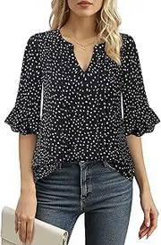 [Bodhi talk] Women's Blouse Elegant Floral Chiffon Shirts Summer Work Tops Business Casual Office Party Tunic Shirt, Black White, M