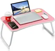 Laptop Bed Desk, Foldable Lap Desk, Portable Lap Table, Laptop Stand with Cup Holder & Tablet Slot & Lifting Handle for Working Writing Drawing & Eating - Pink