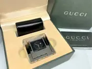 Working! Auth GUCCI Square Travel Table Clock & Leather Case Set Quartz Silver
