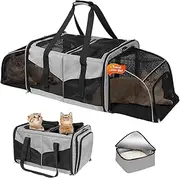 Cat Carrier for 2 Cats, Cat Car Carrier with 2 Litter Box, Expandable Double Pet Carrier for Traveling, Soft Sided Pet Crate for Cats and Dogs up to 30lbs, Grey