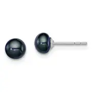 Sterling Silver Rh-Plated 5-6mm Black Fw Cultured Button Pearl Stud Earring