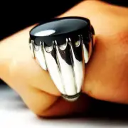 Black Habshi Al Kabadi Agate Ring Real Big Yemeni Aqeeq Ring Silver Band 925