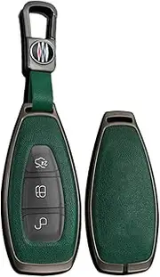 TECART Zinc Alloy Car Key Case Key Fob Cover Leather fit for Ford Fiesta Focus Kuga C-Max Galaxy B-Max S-Max Mondeo Mk2 MK3 Edge Key Fob Holder Keyring 3 Buttons Key Shell Key Chain Black Green