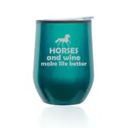 Stemless Wine Tumbler Coffee Travel Mug Glass Horses And Wine Make Life Better