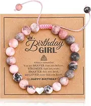 [ViEinkaufen] Natural Stone Bracelet, Birthday Girl Beads Bracelet with Message Card and Heart Charm, Pink Zebra Bracelet for Women Girls Birthday Day Gifts, One Size, Stone, No Gemstone