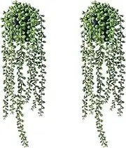 XongSyue Artificial Hanging Plant, 2 Pcs Artificial Plants, Fake Plants with Pot, Artificial Senecio Rowleyanus Succulent Plants, Fake Plants for Indoor Outdoor Wall Office Table Home Decoration