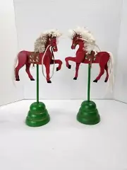 2 Vintage Wooden Christmas Carousel Horse Yarn Mane Tail Decoration Centerpiece