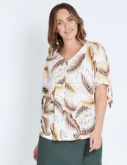 [Katies] Katies Tie Sleeve Linen Top - Womens - LEAF PRINT S LEAF PRINT