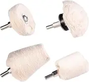 4 Pcs Cotton Buffing Polishing Wheel for Drill White Flannelette Cone/Column/Ball/T-Shaped Pad with 1/4" Handle for Polishing Mag Rims, Aluminum,Stainless