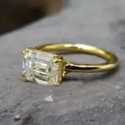 2.40 Ct Emerald Cut Moissanite East West Engagement Ring 14K Yellow Gold Plated