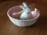 Mud Pie Bunny Bowl Tidbit Wooden Spoon 5.75" dia x 4" spoon: 3.5" Pink NWT