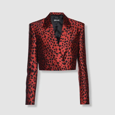 $1115 Just Cavalli Women's Red Jaguar Printed Cropped Blazer Size IT 42/US 6