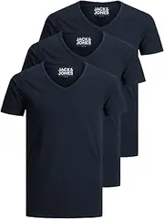 [JACK & JONES] Jack and Jones Men's Basic V-Neck T-Shirt, Pack of 3, Plain, Slim Fit in White, Black, Blue, Grey