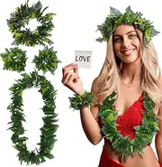 Ciieeo 1 Set Tropical Hawaiian Party Garland Set - Lifelike Leaves Headband, Necklace, Bracelet for Beach Luau - Green, Artificial, Fun Accessories