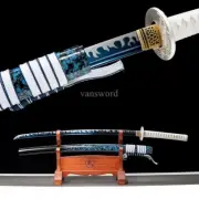 Japanese Katana Handmade Carbon Steel Samurai Sword Sharp Blue Blade Scabbard.