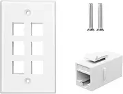 ZoeRax Ethernet Wall Plate Outlet, 6 Port Matte Keystone Wall Plate with RJ45 Keystone Coupler, White