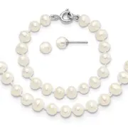 12 Inch Sterling Silver Madi K Rhodium-Plated 5-6mm Semi-Round Freshwater Cultured Pearl 12In Necklace, 4In Bracelet & Stud Earrring Set