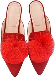 [Fericzot] Slip On Mule Backless Loafers Flats Puff PomPom Pointed Toe Casual Shoes Slippers