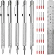 Tungsten Carbide Scriber Set for Metalworking - 5 Pens with 20 Tips & 6-Inch Rul