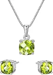 [Mints] S925 2ct Peridot Jewelry Set Sterling Silver Pendant Necklace & Stud Earrings August Birthstone Gemstone For Women, Gemstone, Peridot