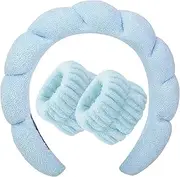 Spa Headband Washing Face Women - Sponge Headbands for Girls Skincare Makeup Removal Bubble Soft Terry Towel Cloth Non Slip Thick Puffy Hair Accessories Wristband Set Mask Skin Treatment (Blue)