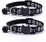 Reflective Cat Collars Breakaway with Bell 2-Pack Girl Boy Pet Kitten Collar with Star Moon Patetrn Adjustable 7.5-12.5 Inch (Black)