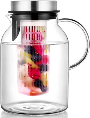 Glass Water Pitcher, Fruit Infuser Pitcher with Removable Lid, High Heat Resista