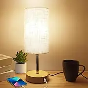 Bedside Table Lamp for Bedroom 3 Way Dimmable Touch Desk Lamp USB Charging Ports Small Lamp Wood Base Round Flaxen Fabric Shade for Living Room, Desk, LED Bulb Included