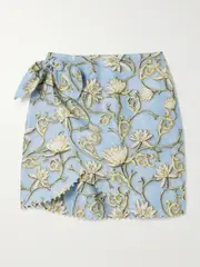 [Agua by Agua Bendita] Agua by Agua Bendita - Agustina Soledad Faux Pearl-embellished Floral-print Linen Pareo - Blue - small small Blue