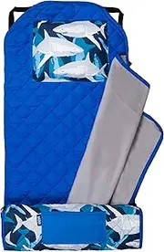 Wildkin Modern Kids Nap Mat – Soft Cotton Blend with Pillow & Elastic Straps for School & Travel - Sharks