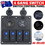 Marine Boat 4 Gang 12V Switch Panel Rocker Toggle Control USB ON-OFF Waterproof