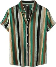 [BYONIC] Men's Shirts Holiday Beach Shirts Button Casual Stripe Print Shirt Short Sleeve Turn-Down Collar Shirt