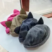 Women Brimless Skull Cap Denim Cotton Hat Cat Ear Cute Rolled Cuff Beanie Retro