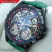 Mens Black Double Flywheel Skeleton Automatic Mechanical Watch Green Leather