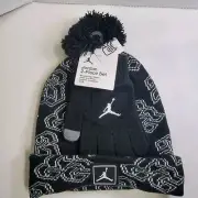 Jordan Jumpman Black (white) Youth Knit Beanie Hat One Size 2 PC Set -Gloves NEW