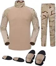 [SUNNY] Outdoor Sports Airsoft Gear Jungle Hunting Clothes Woodland Shooting Shirt Pants Set Battle Dress Uniform BDU Set Tactical Combat Camouflage Clothing with Kneepad Elbow Pads - 3 Color Desert - XXXL
