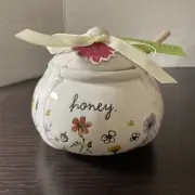 NWT Rae Dunn Spring Floral Bees Honey Jar Cannister w/Wooden Dipper
