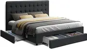 [Artiss] Double Bed Frame Platform Tufted Headboard Frames Beds Base with 4 Storage Drawers Bedroom Room Decor Home Furniture, Upholstered with Charcoal Faux Linen Fabric + Foam + Wood