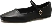 [Pucepen] Women's Classic Leather Square Toe Flat Mary Jane Shoes Fashion Slip On Buckle Casual Ballet Shoes Comfortable Closed Toe Office Work Dress Shoes