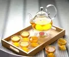 8 Pc Tea Set 600ml High Handle Glass Teapot + Round Warmer + 6 Double Wall Cups