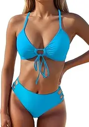 [Fanuerg] Women's Tie Front Triangle Bikini Set Sexy Cutout String Two Piece Swimsuit High Cut Cheeky Bathing Suit