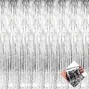 4 Pack 3.2Ft x 9.8Ft Silver Foil Fringe Curtain Backdrop, Metallic Tinsel Foil Fringe Streamers Curtains for Party, Photo Booth Props, Birthday, Wedding, Christmas Party Decoration Supplies