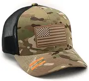 [Bucks Outfitters] Multicam Tactical Camo Trucker Cap with Patriotic American Flag PVC Patch Sewn On Hat