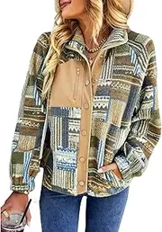 [SELINK] Womens Fleece Jacket Western Aztec Print Long Sleeve Snap Button Down Shacket Jackets with Pockets