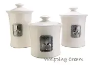 Crosby & Taylor Stoneware 3 pc Canister Set in Whipping Cream Fleur de Lys Motif