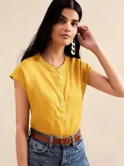 NWT Banana Republic Ramie Dolman Top MEDIUM TALL Yellow Gingko Leaf Semi-sheer